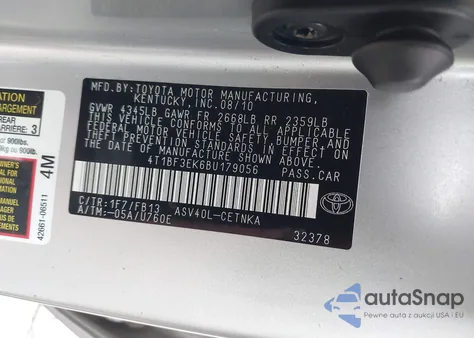 2011 Toyota Camry Le from USA, damaged, VIN 4T1BF3EK6BU179056